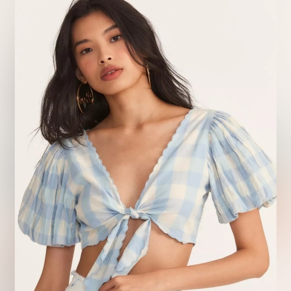 LoveShackFancy Hanover Crop Tie Front Top in Blue Gingham